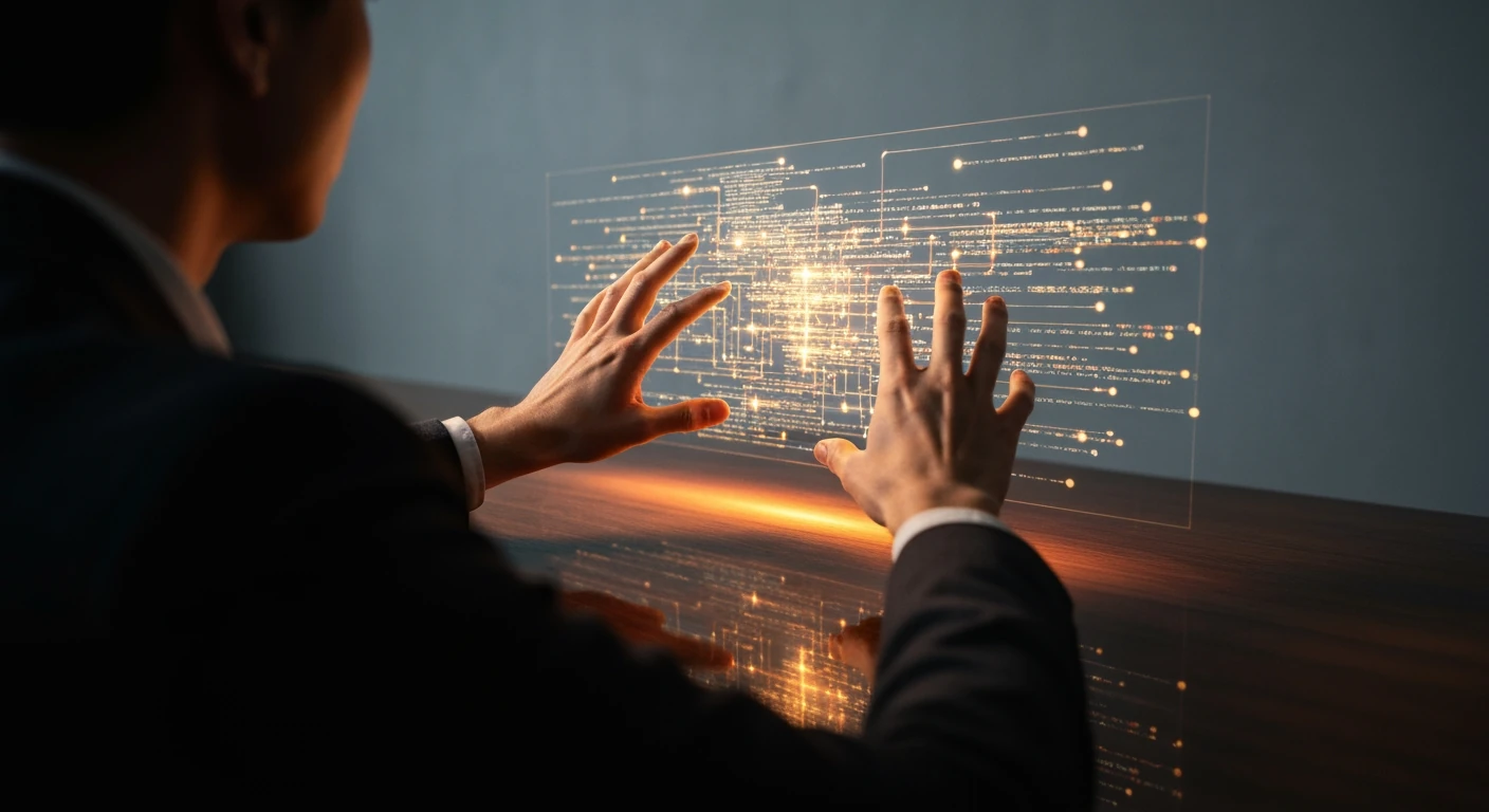 A person engaging with a holographic display of evolving digital policy frameworks and AI ethics in a high-tech lab setting.