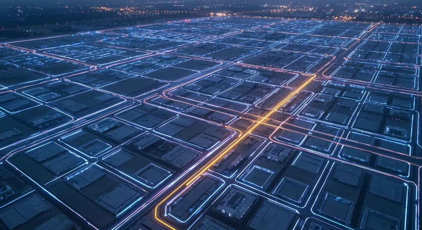 Aerial view of a futuristic digital city grid at dusk, with glowing blue and purple pathways representing innovation, guided by a distinct amber line symbolizing policy frameworks and ethical governance.