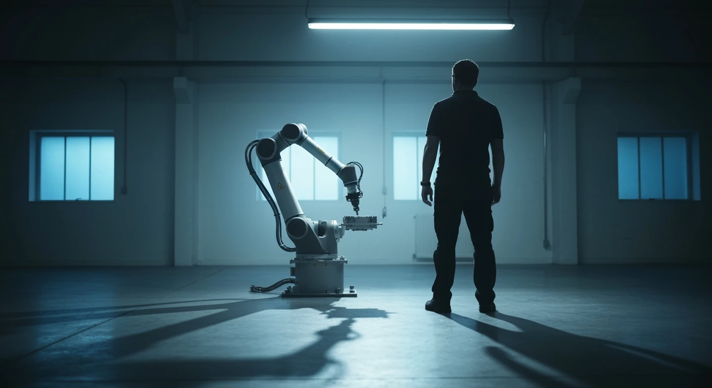 An industrial worker observes a robotic arm, symbolizing the complex policy challenges and job displacement concerns in the era of advanced automation.