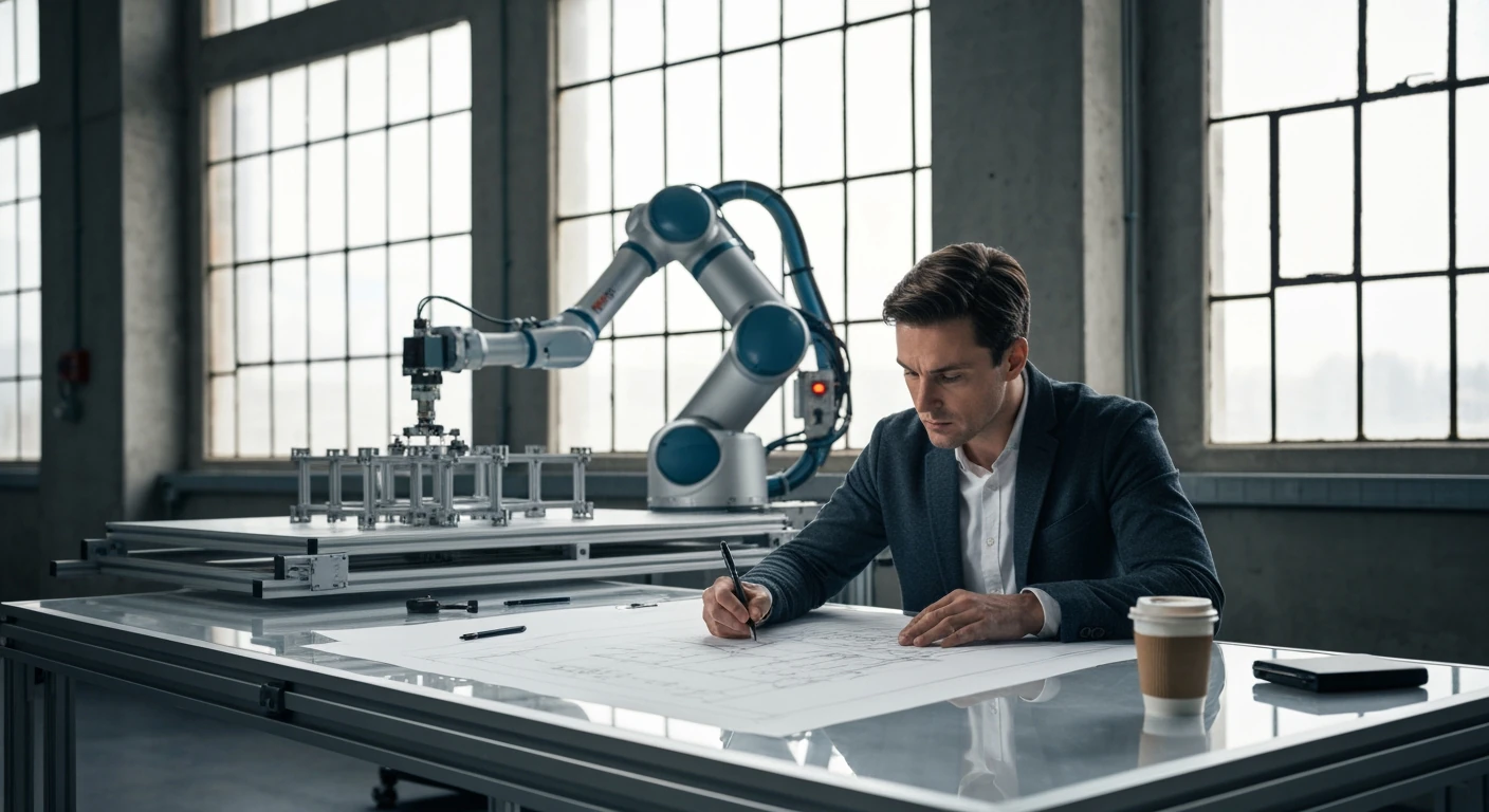 An architect sketches on a digital drafting table while a robotic arm assembles components in a modern, naturally lit workspace, symbolizing the integration of AI and human creativity in the future of work.