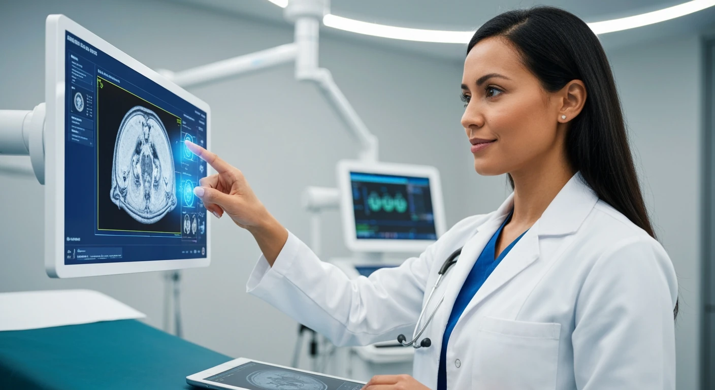 A female doctor uses an AI-powered medical display to analyze an MRI scan, highlighting augmentation in the workplace.