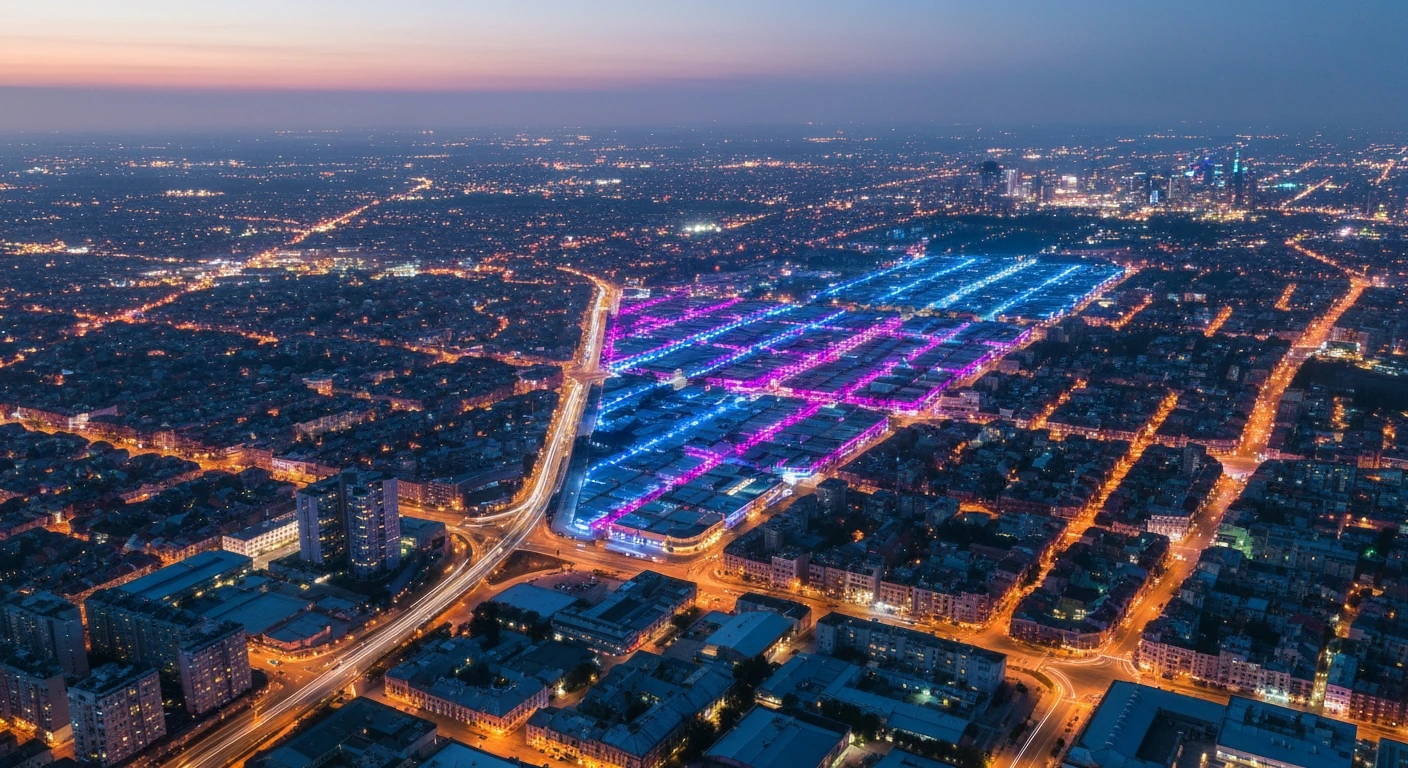 Aerial view of a futuristic city at dusk, showcasing a geometric contrast between rapidly expanding, brightly lit blue and magenta tech districts and older, warmer-toned urban areas, symbolizing the gap between tech innovation and policy.