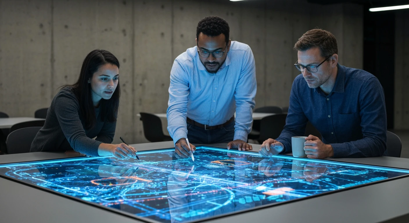 Team collaborating around an interactive table displaying digital data visualizations, symbolizing operational efficiency and digital transformation in the modern workplace.