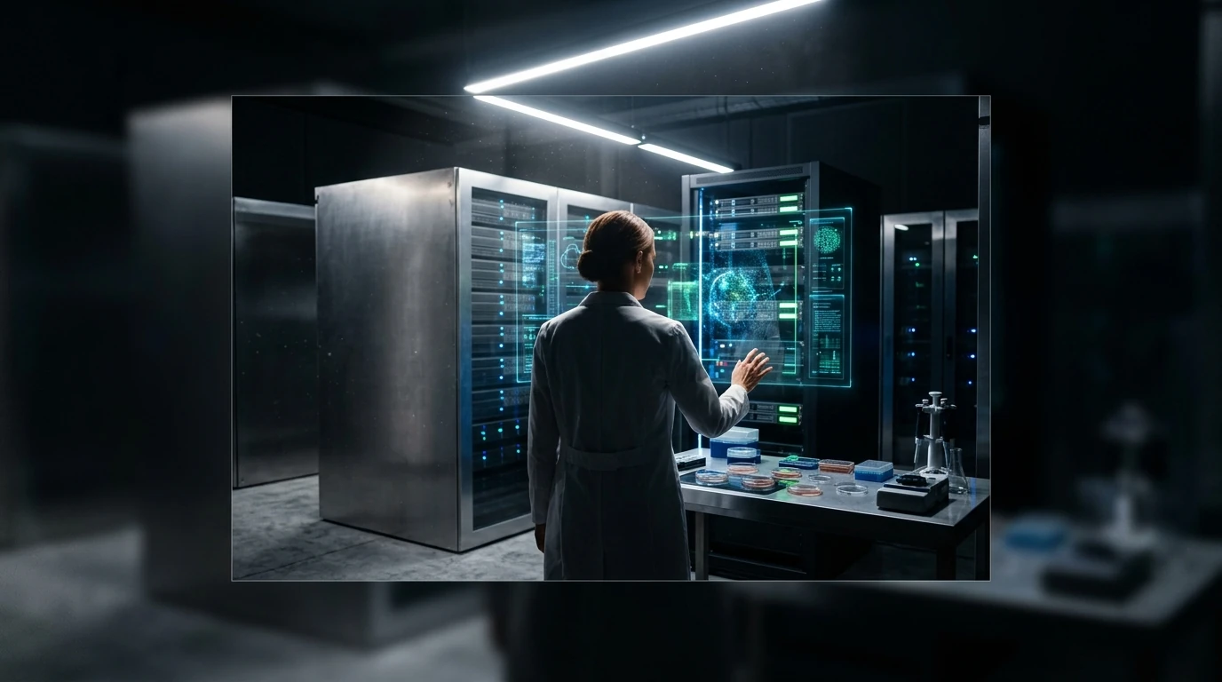 A research scientist in a high-security data center observing glowing holographic AI projections, a quantum computer, and a synthetic biology workstation, symbolizing converging technology trends.