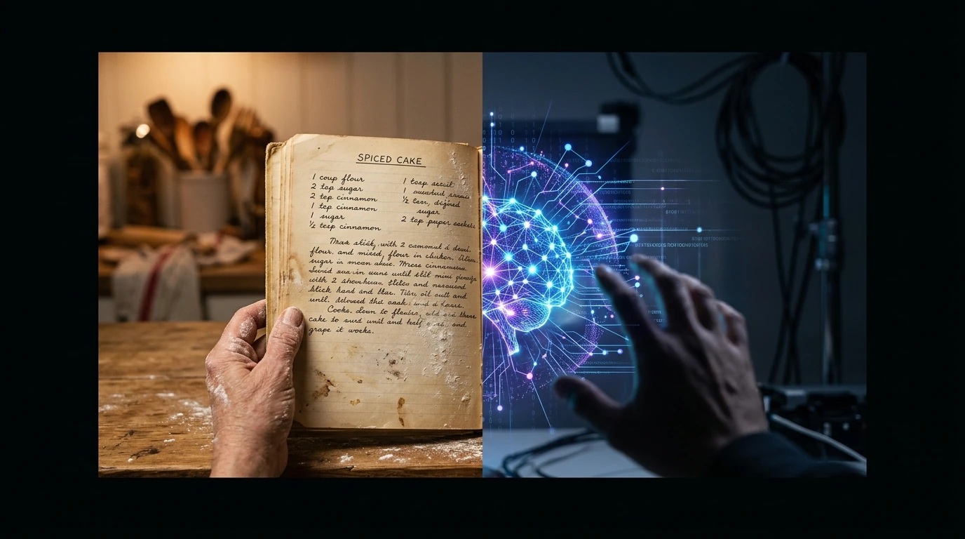 Split image illustrating Generative AI: on one side, a chef's hand turning a page in a vintage recipe book; on the other, a digital projection of a neural network with code.