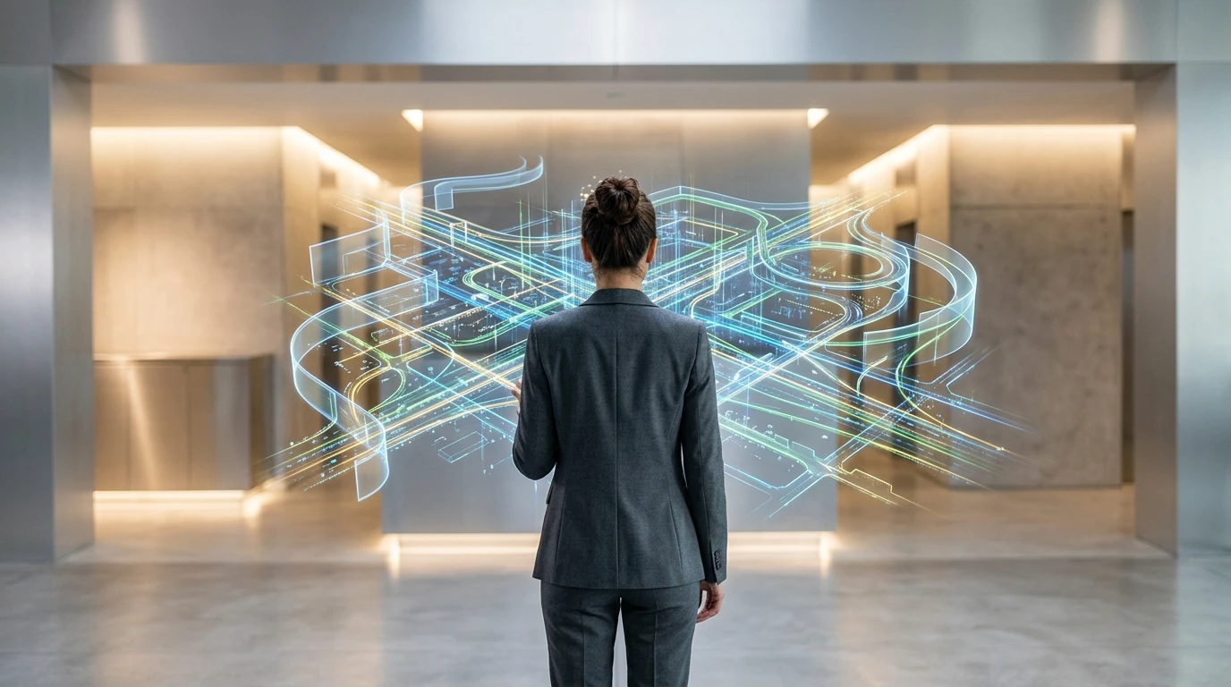 A person viewing a holographic map of digital pathways guided by illuminated policy frameworks in a futuristic setting, symbolizing governance of innovation.