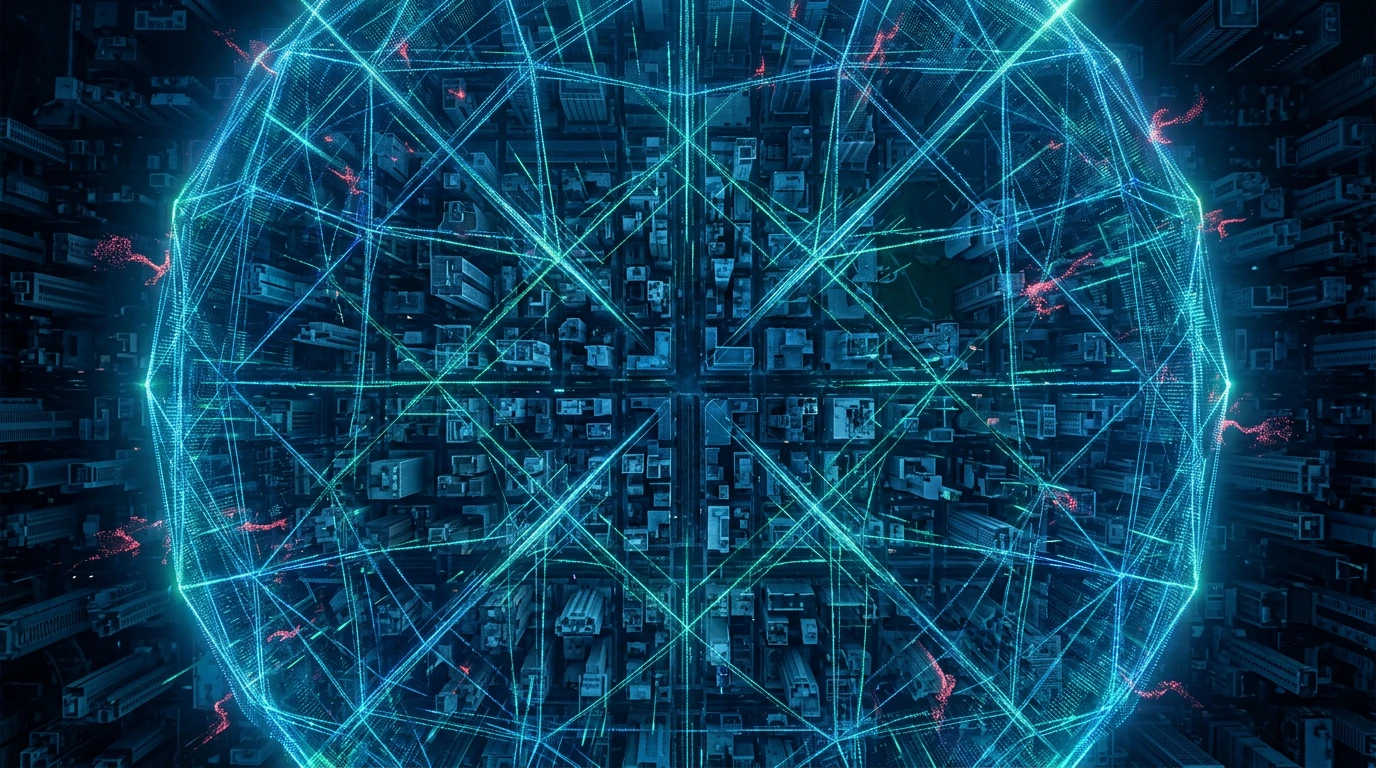 Aerial view of a futuristic city protected by a glowing, intricate blue and green digital data shield, illustrating AI's role in cybersecurity defense.