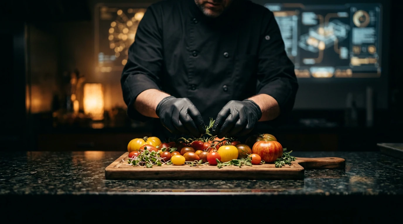 A master chef's hands preparing fresh ingredients on a granite counter under dramatic spotlight, with glowing recipe algorithms in the background, symbolizing Generative AI's creative process.