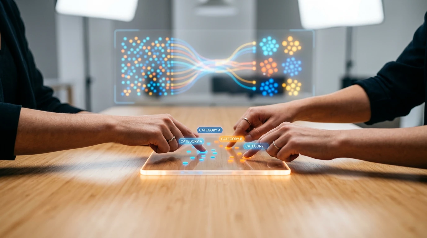 A person's hands categorizing digital data on a glowing touchscreen, illustrating supervised machine learning with color-coded labels on a light wood table.