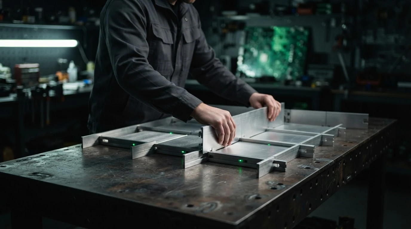 A person adjusting modular brushed aluminum panels on a steel workbench, with green indicator lights, symbolizing industry compliance challenges with AI regulations.