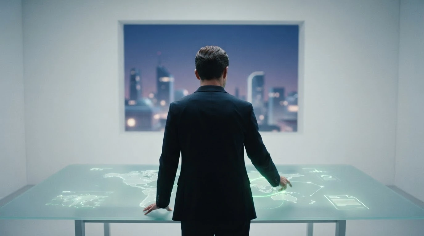 A person interacting with digital projections of global maps and policy documents on a frosted glass table, representing future AI policy directions and resources.