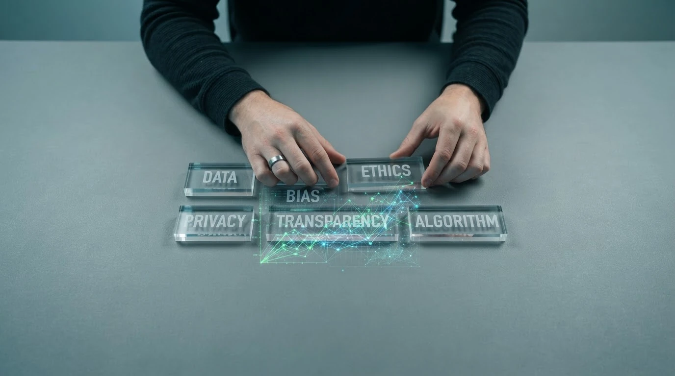 Hands arranging etched acrylic blocks with words like DATA and PRIVACY, superimposed with a green holographic graph, representing AI legislative proposals.