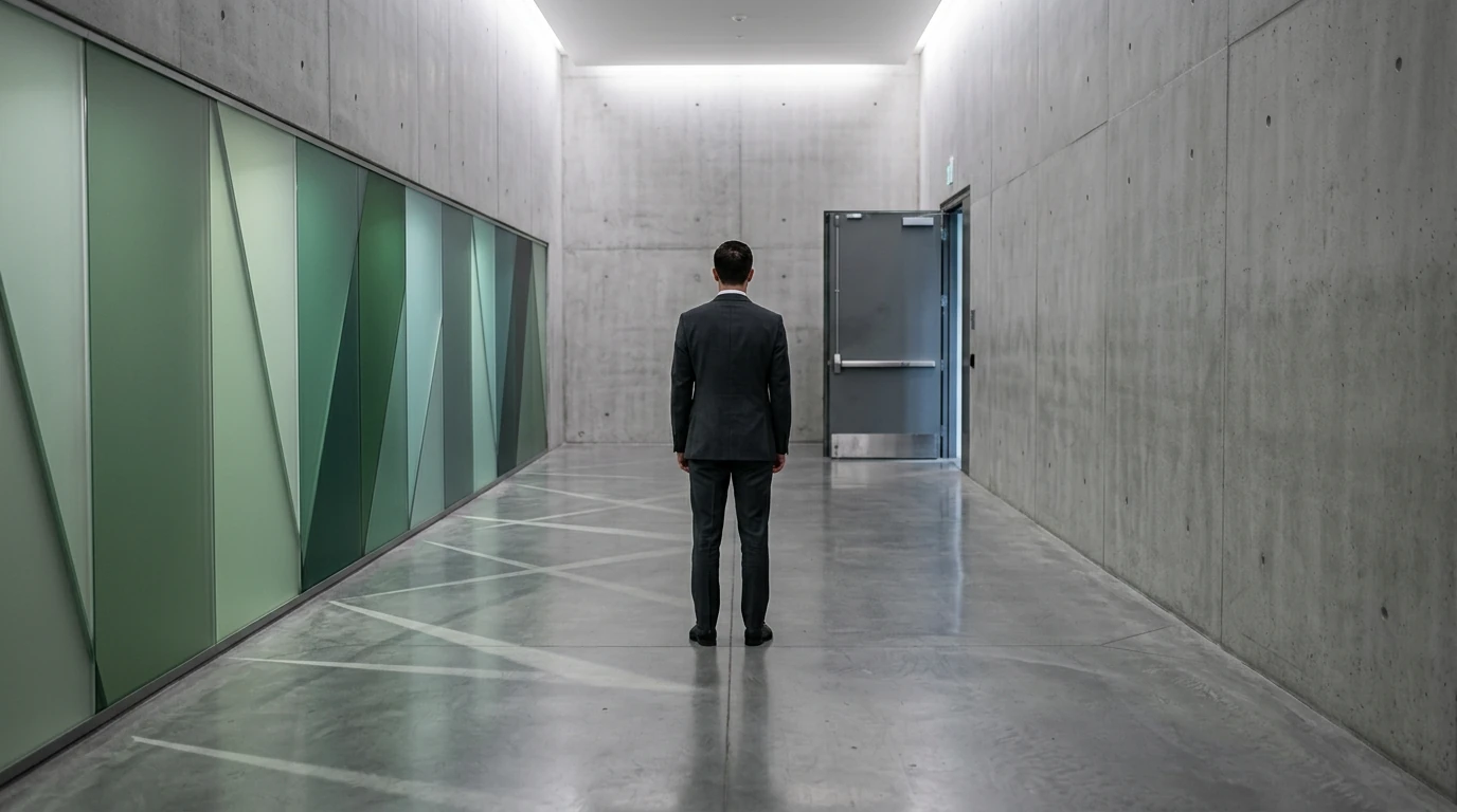 A person standing in a large, minimalist government building hallway with multiple green glass panels, symbolizing the fragmented U.S. AI policy.