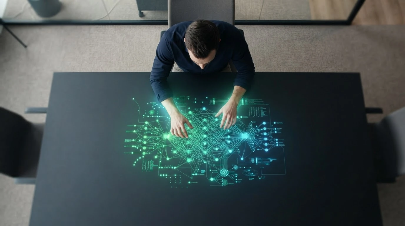 Top-down drone photograph of a person interacting with a glowing holographic projection of a complex network diagram in vibrant green and blue, symbolizing strategies for navigating state AI regulations and building effective governance frameworks.