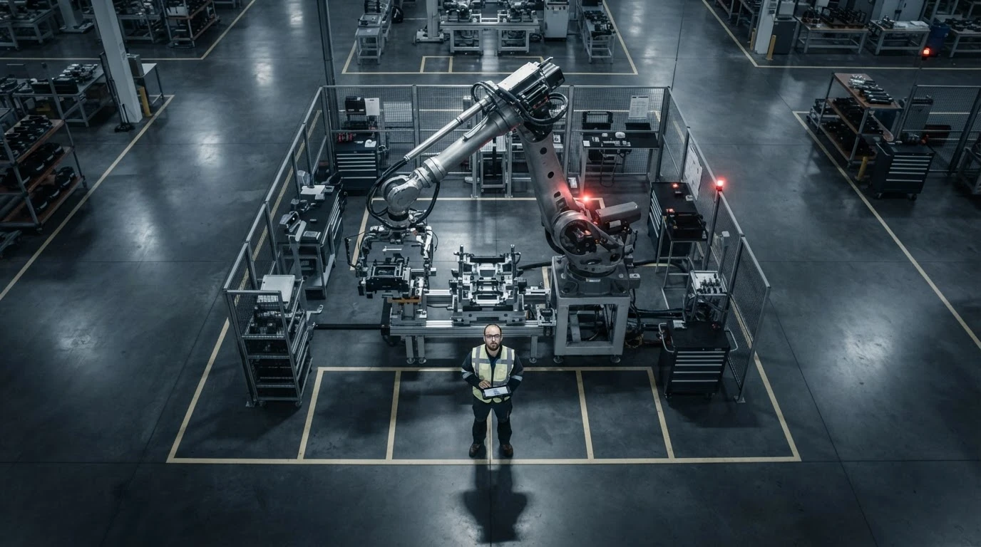 High-angle drone photograph of a modern factory floor where a large brushed steel robotic arm is paused mid-operation, its red light glowing. A lone engineer in a safety vest looks up, symbolizing the pause in innovation due to complex state AI regul